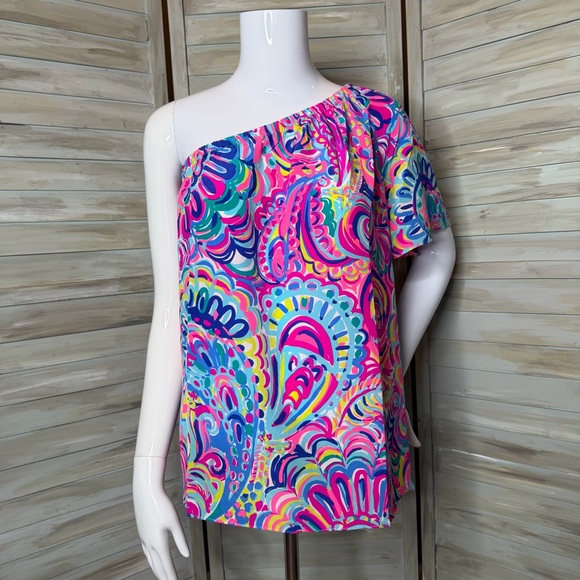 Lilly Pulitzer Fifer Silk One Shoulder Top Size Large Psychedelic Sunshine multi - Picture 3 of 10